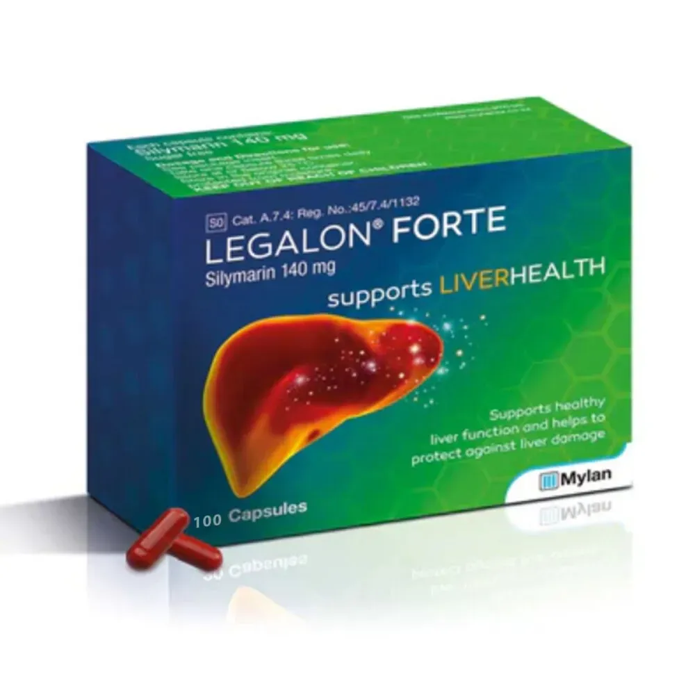 Front angled view of Legalon Forte 140mg Silymarin box, 100 capsules, with capsule shown