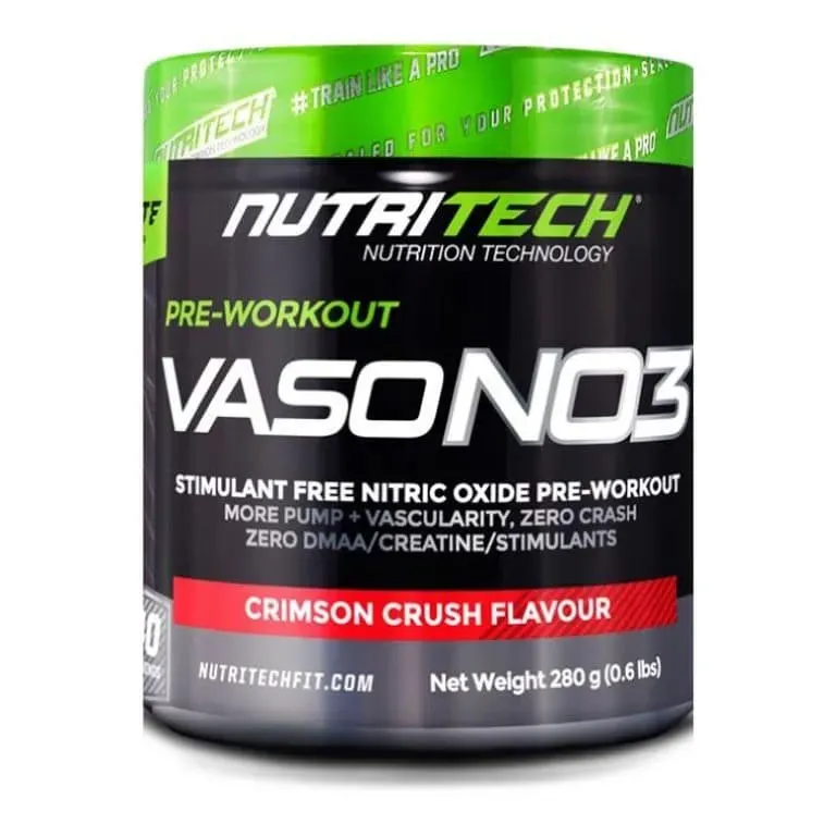 Front of Nutritech Vaso NO3 Crimson Crush pre-workout 280 g tub
