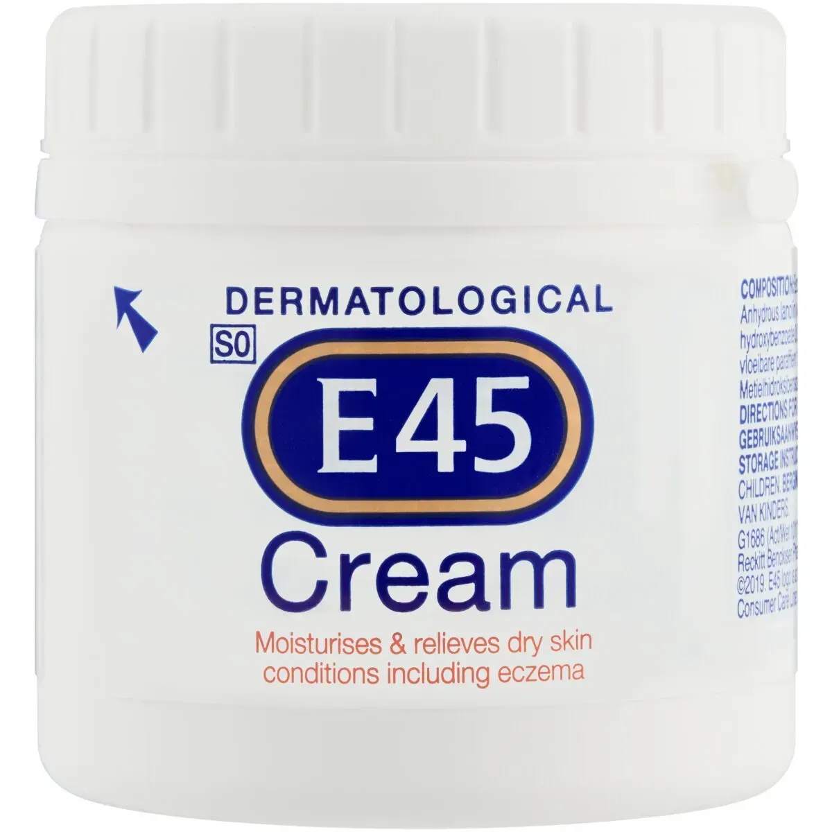Front of E45 Dermatological Cream tub 125 g