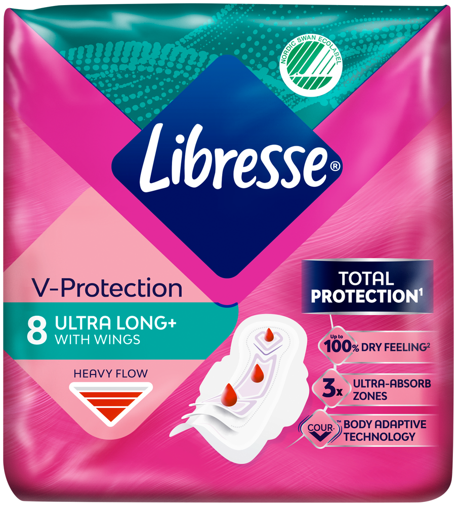 Libresse Heavy Flow V-Protection Ultra Long+ Sanitary Pads with Wings 8pk