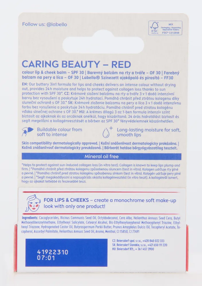 Labello Caring Beauty Red SPF 30 3-in-1 Lip & Cheek Balm 4.8g