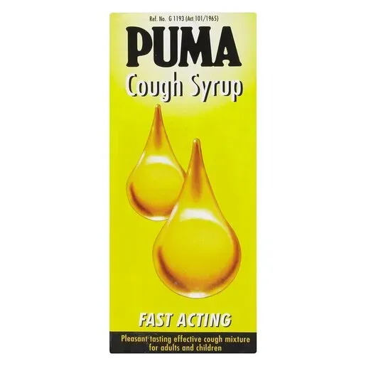 Front of PUMA Cough Syrup 100 ml box, fast acting cough mixture