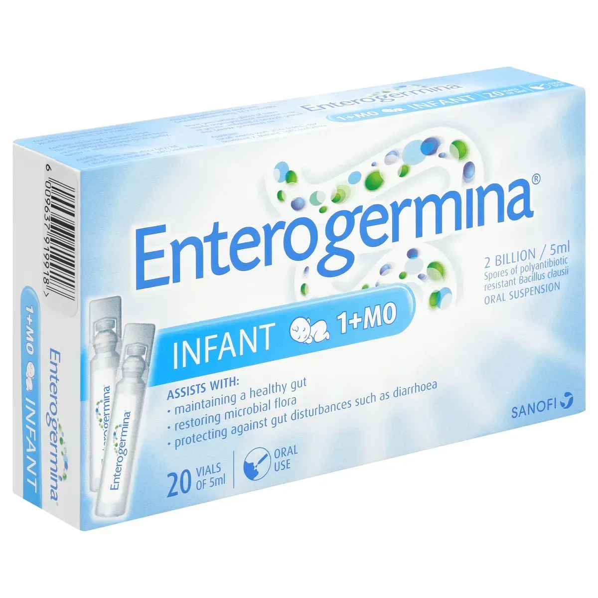 Angled front of Enterogermina Infant 2 Billion/5ml oral suspension box, 20 vials of 5 ml