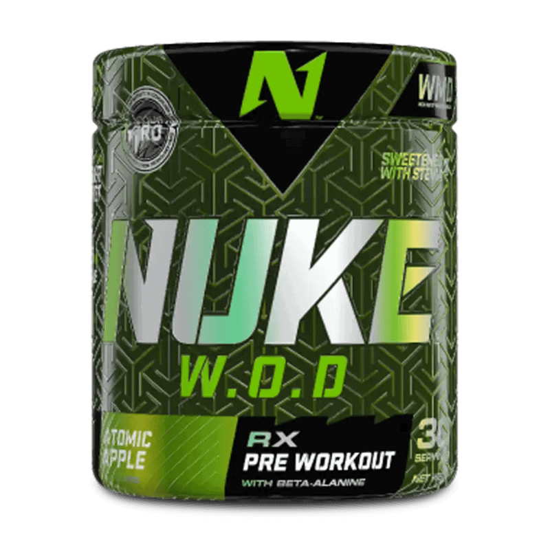 Front of Nutritech Nuke W.O.D RX Pre Workout Atomic Apple 210 g tub