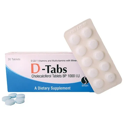 Front of D-Tabs Vitamin D3 1000IU Cholecalciferol Tablets, 30 tablets box with blister pack