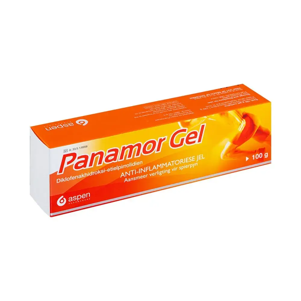 Angled view of Aspen Panamor Anti-Inflammatory Gel 100 g box