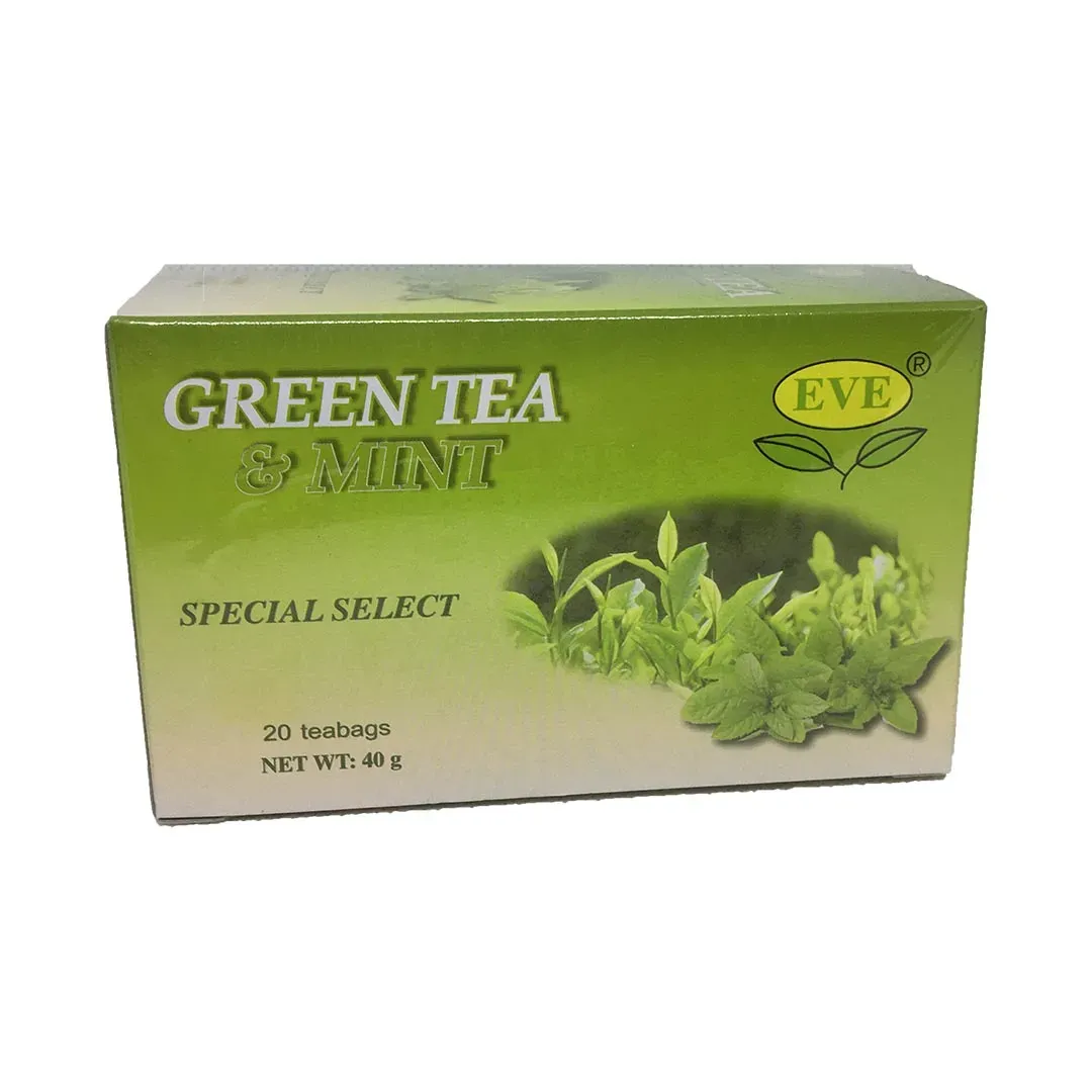 Front of Eve's Green Tea & Mint 20 teabags box