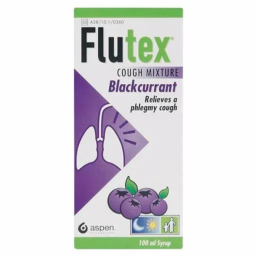 Front of Flutex Cough Mixture Blackcurrant 100 ml box