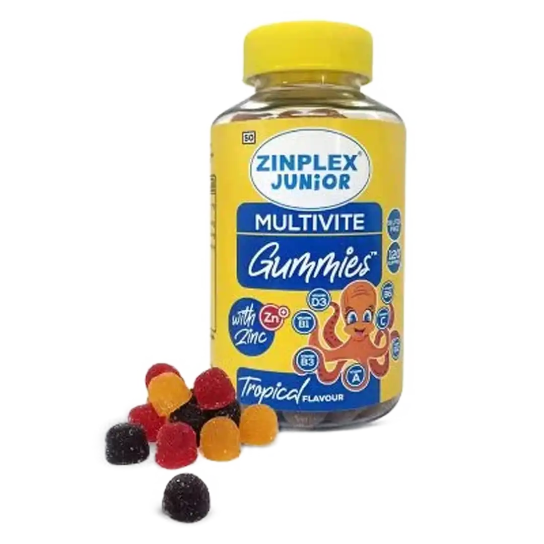 Front of Zinplex Junior Multivite Gummies with Zinc Tropical Flavour 120 gummies bottle