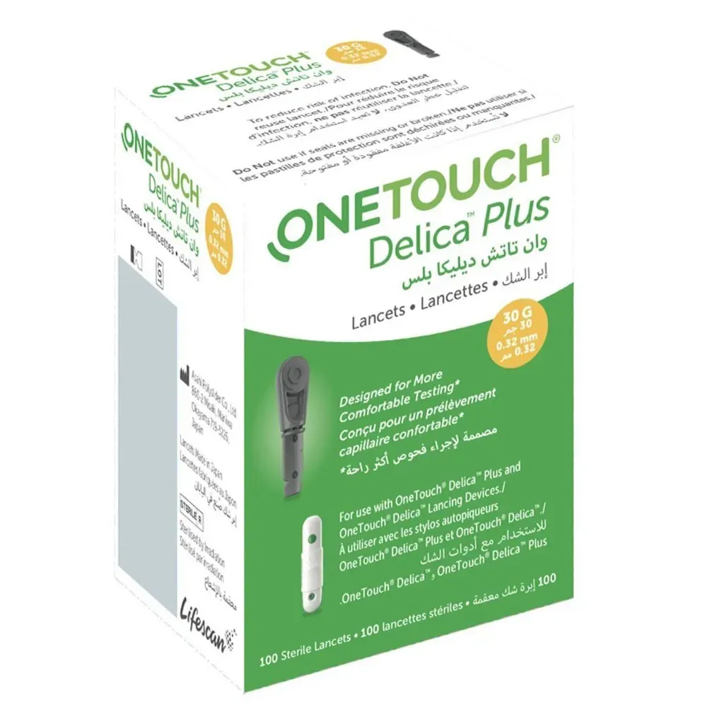 Angled view of OneTouch Delica Plus Lancets box, 100 sterile lancets