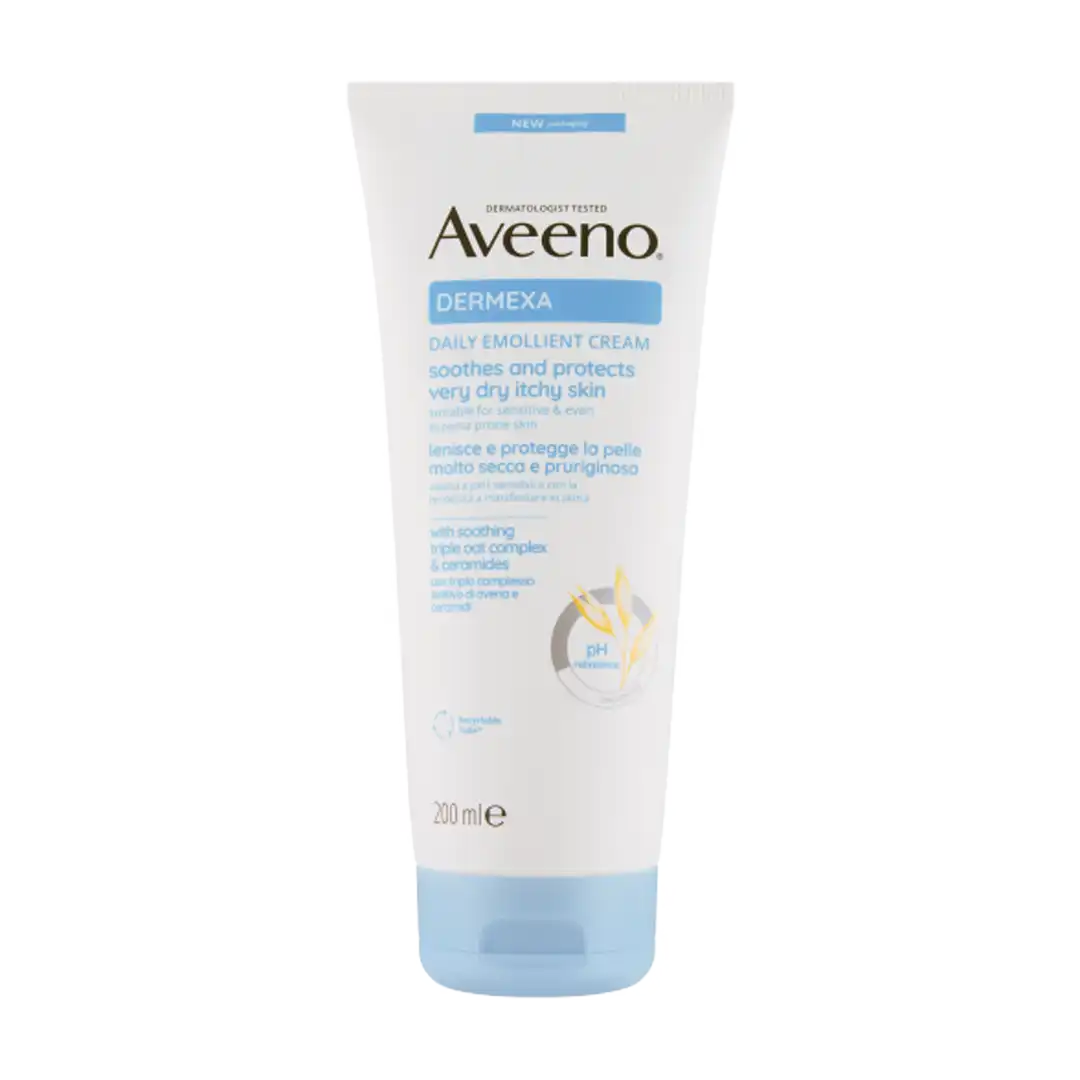 Front of Aveeno Dermexa Daily Emollient Cream tube 200ml on white background