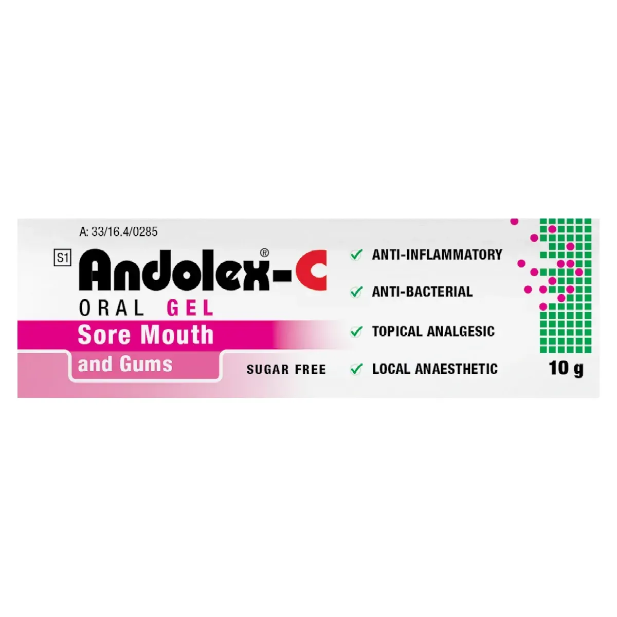 Front of Andolex-C Oral Gel Sore Mouth and Gums 10 g tube box