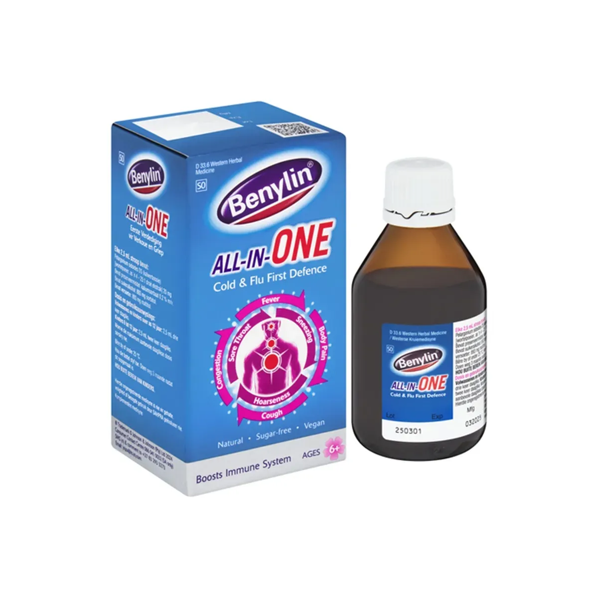 Front of Benylin All-In-One Cold & Flu Syrup 100ml box and bottle