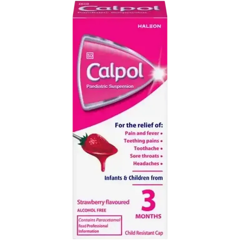 Front view of Calpol Paediatric Suspension Strawberry 50 ml box