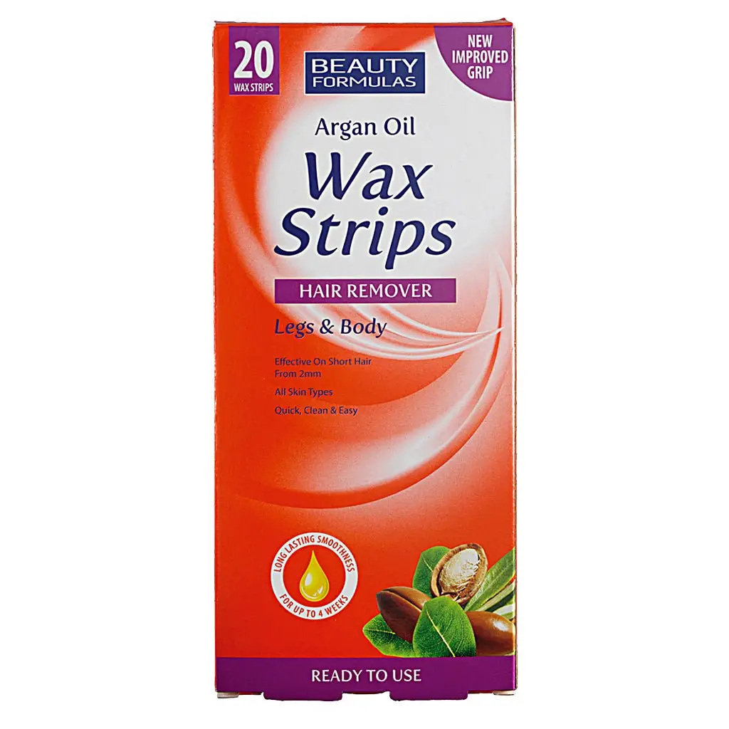 Front of Beauty Formulas Argan Oil Wax Strips Legs & Body 20's box