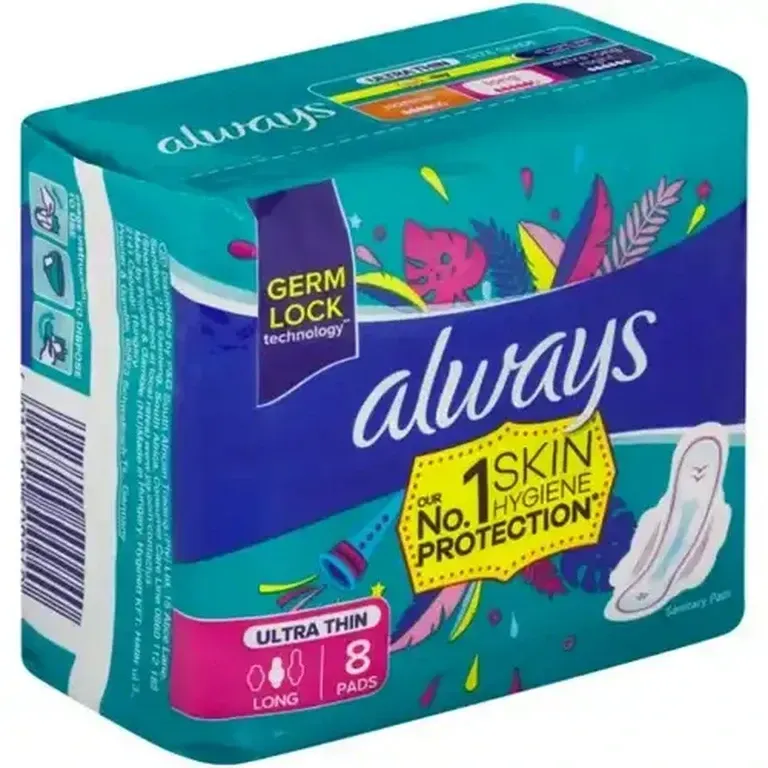 Angled view of Always Ultra Thin Long 8 Pads pack with barcode visible