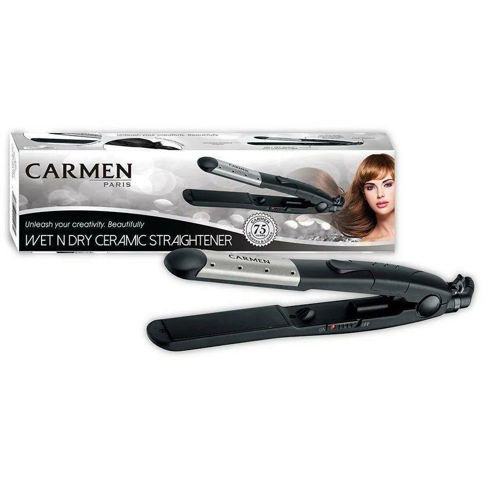 Front of Carmen Wet N Dry Ceramic Straightener 1237 retail box with straightener device