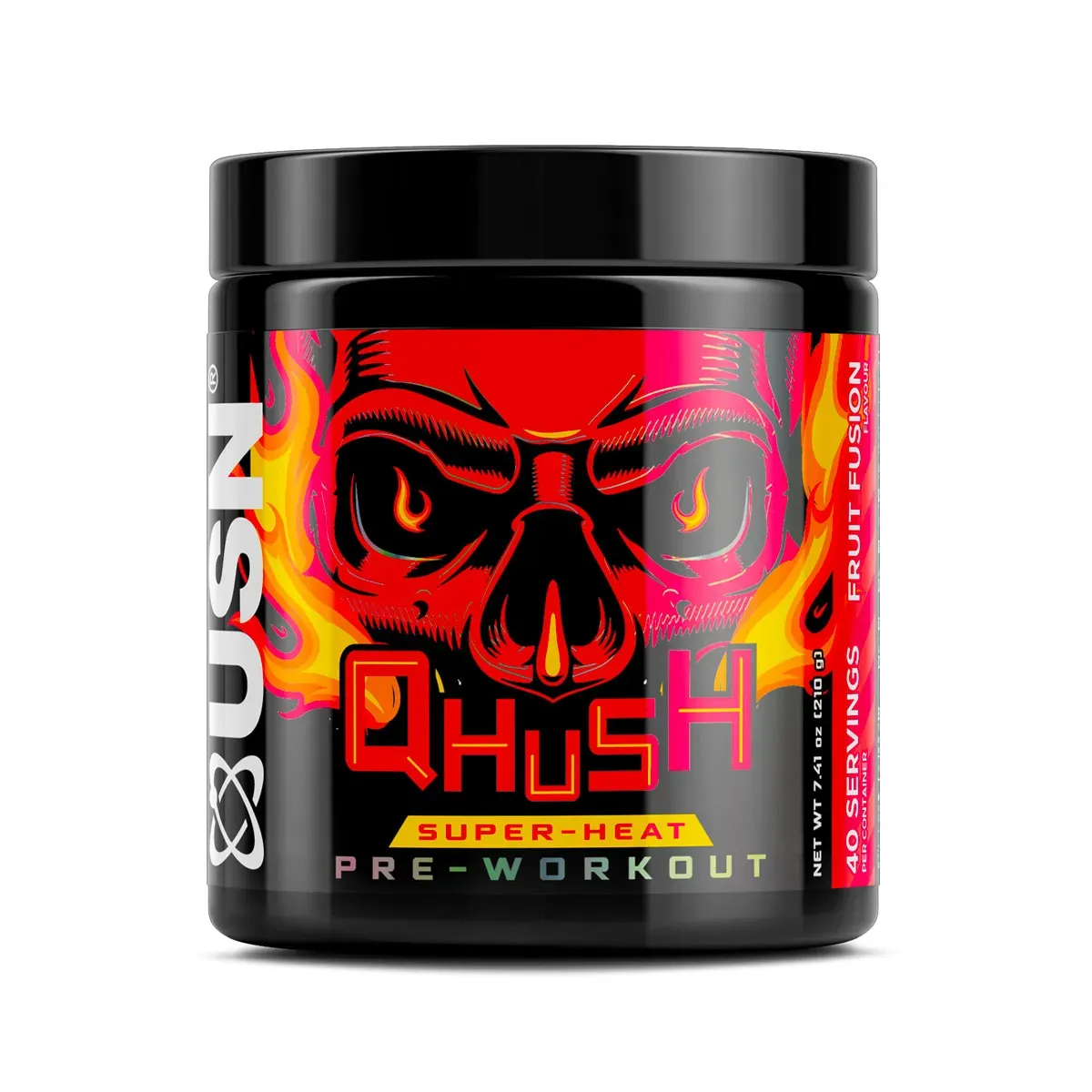 Front of USN Qhush Hyperdrive Super Heat Pre-Workout 210 g tub, Fruit Fusion flavour