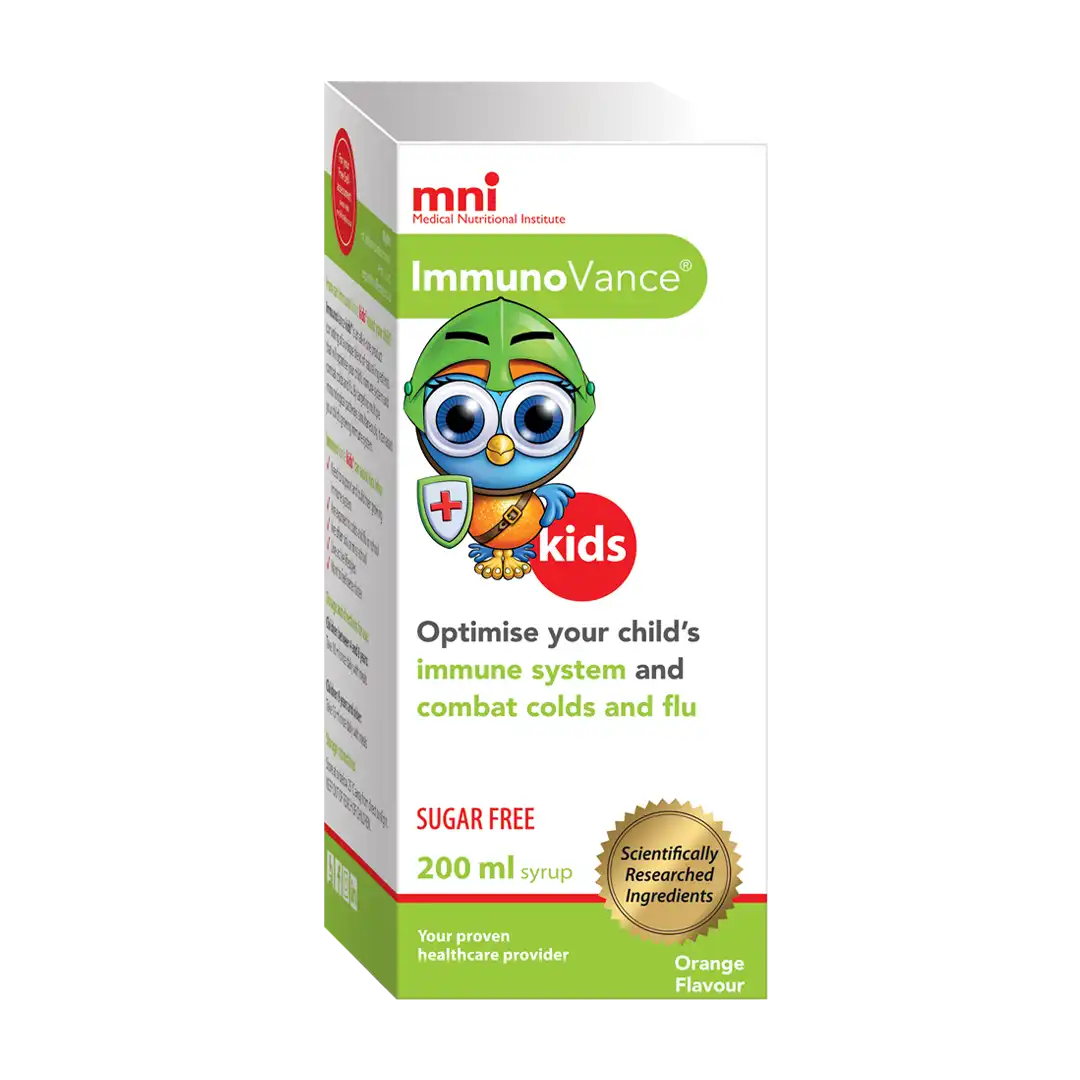 Angled front view of MNI ImmunoVance Kids Orange Flavour 200 ml syrup box