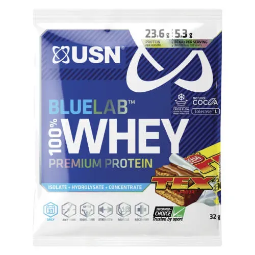 Front of USN BlueLab 100% Whey Premium Protein Tex Bar 32g