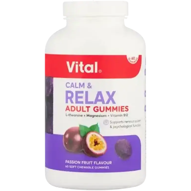 Front of Vital Calm & Relax Adult Gummies Passion Fruit 60 gummies bottle on white background