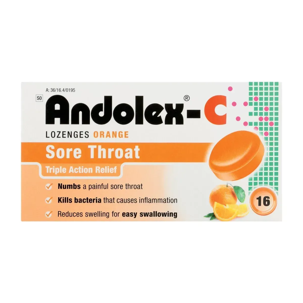 Front of Andolex-C Orange Sore Throat Lozenges box, 16 lozenges
