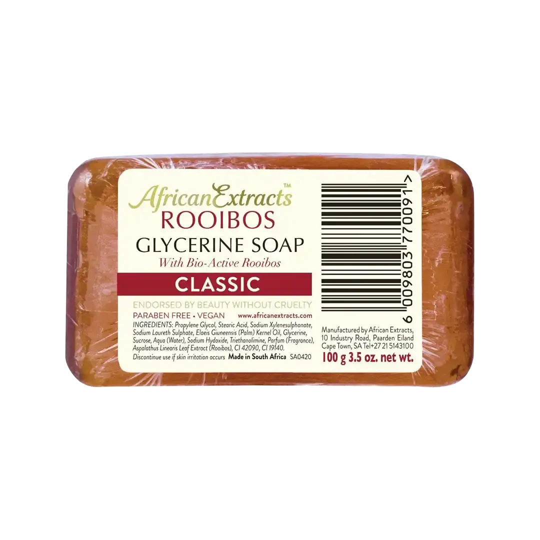 Front label of African Extracts Rooibos Glycerine Soap bar, 100 g