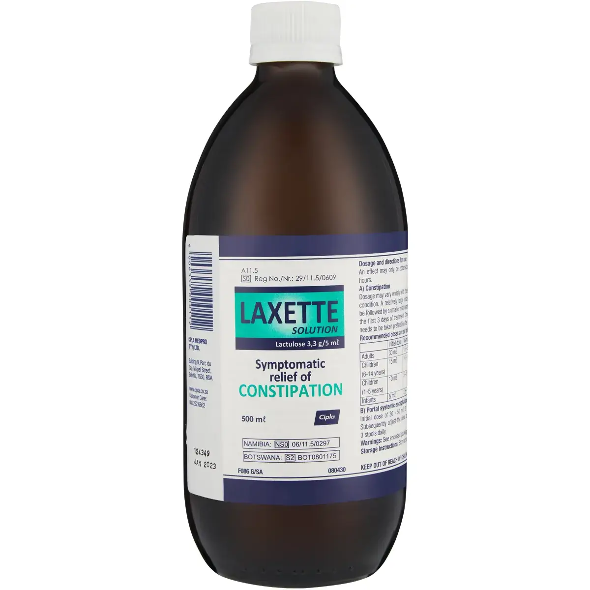 Front of Laxette Solution 500 ml bottle by Cipla-Medpro on white background