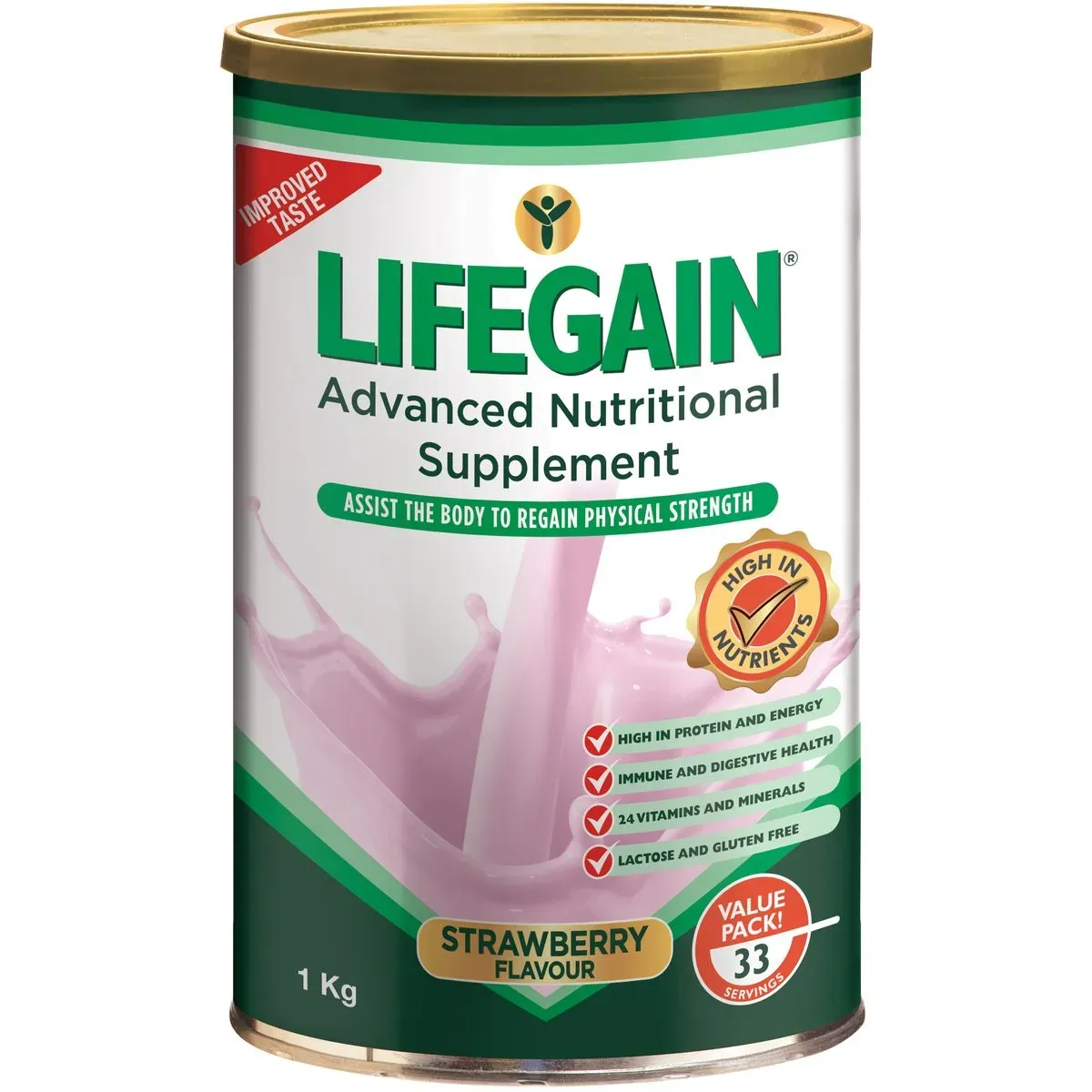 Front of Nativa Lifegain Strawberry Advanced Nutritional Supplement 1 kg tin