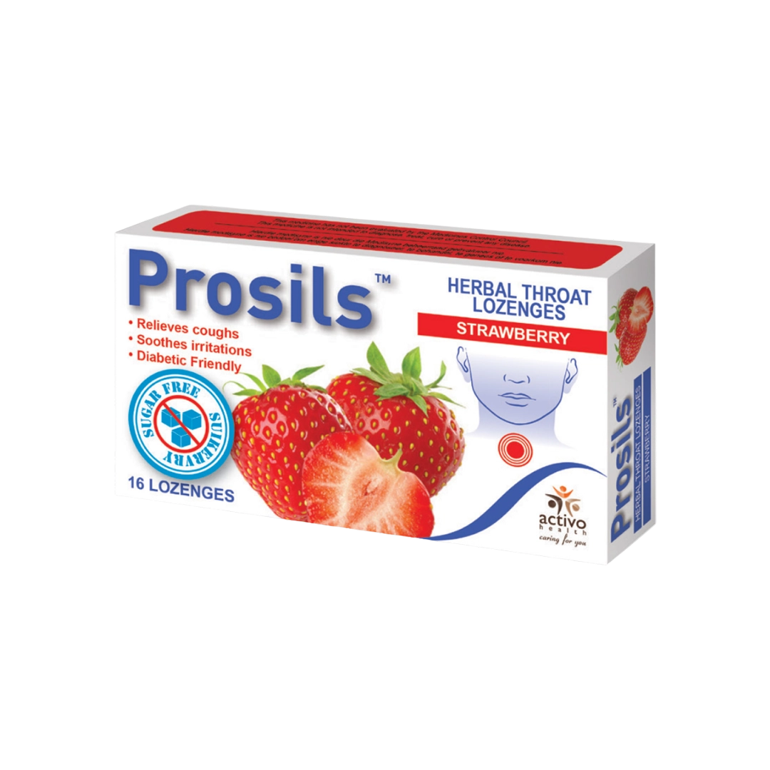 Front of Prosils Strawberry Herbal Throat Lozenges 16's box