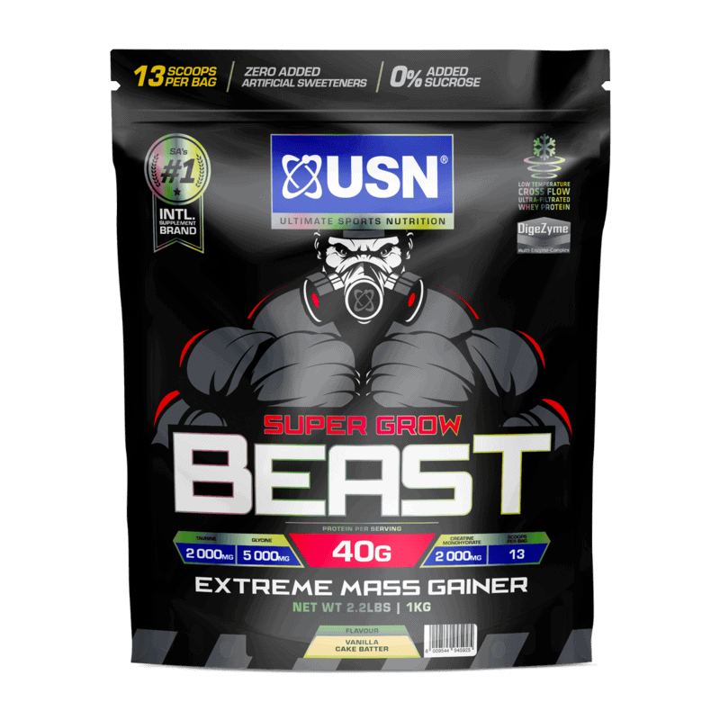 Front of USN Super Grow Beast Extreme Mass Gainer Vanilla flavour 1 kg pack