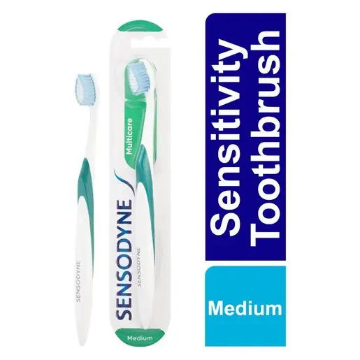 Front of Sensodyne Multicare Medium sensitivity toothbrush pack, green handle, 1 toothbrush