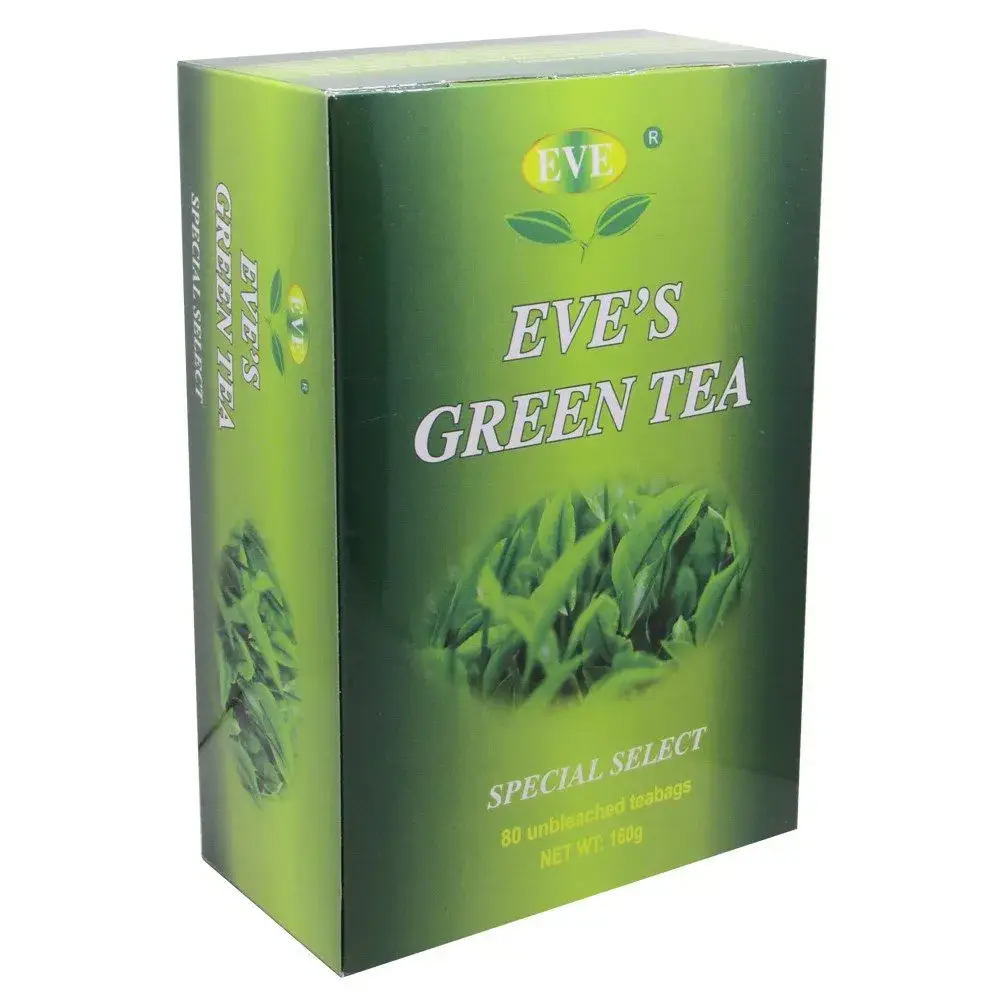 Angled view of Eve's Green Tea Special Select box, 80 teabags