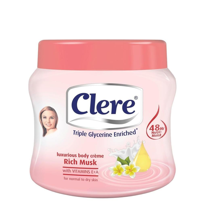 Front of Clere Rich Musk Luxurious Body Crème 500 ml tub
