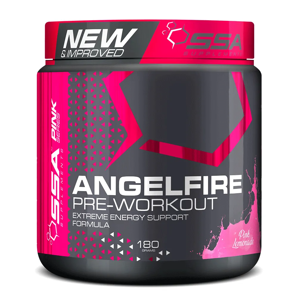 Front of SSA AngelFire Pre-Workout Pink Lemonade 180g tub