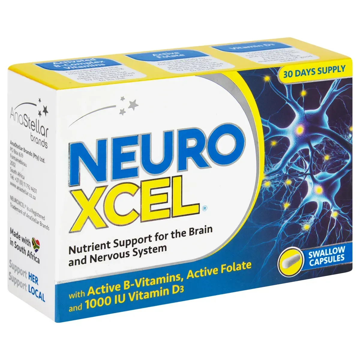 Neuroxcel Nutrient Support for Brain and Nervous System capsules box, 30 days supply