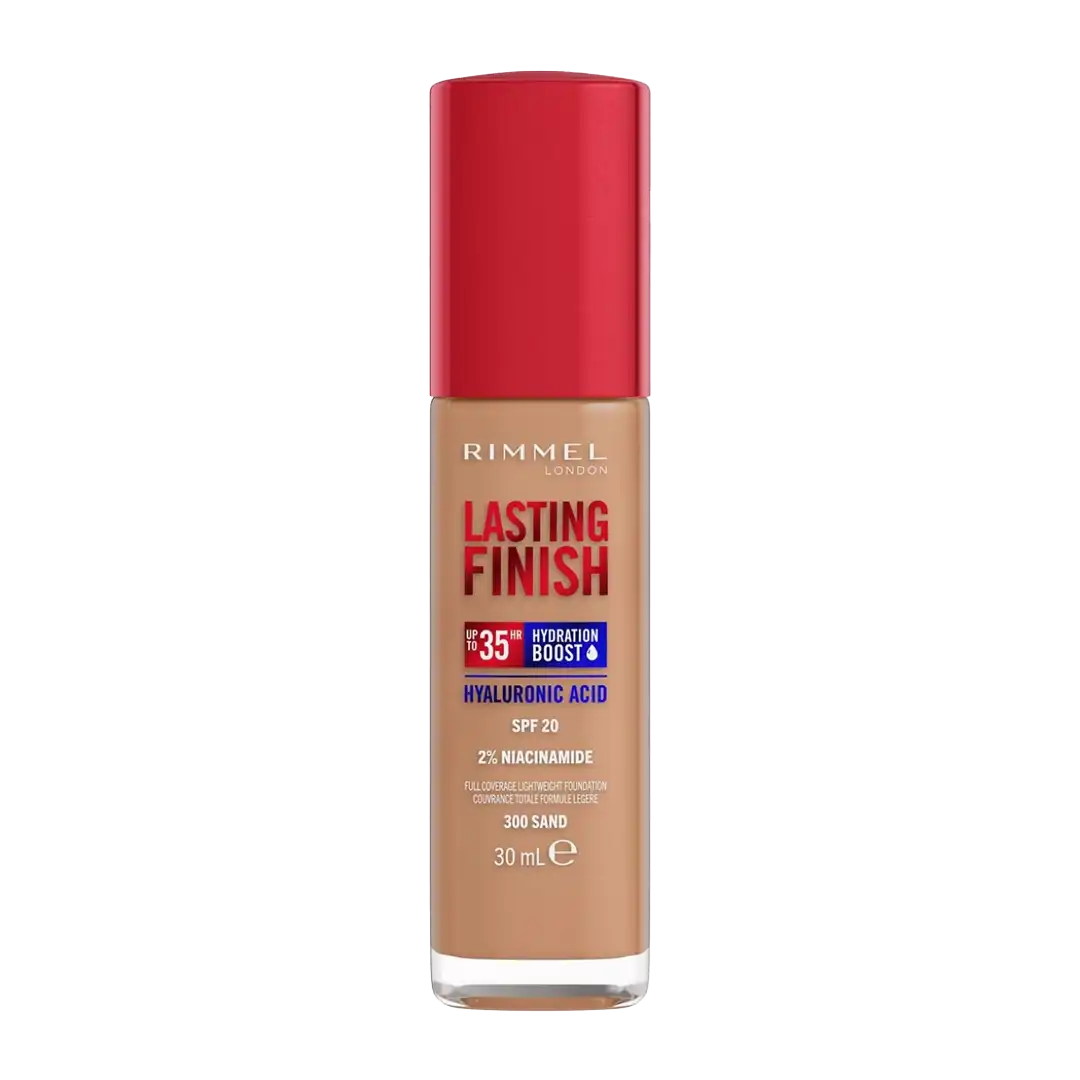 Front of Rimmel Lasting Finish 35 Hour Liquid Foundation 300 Sand, 30 ml bottle