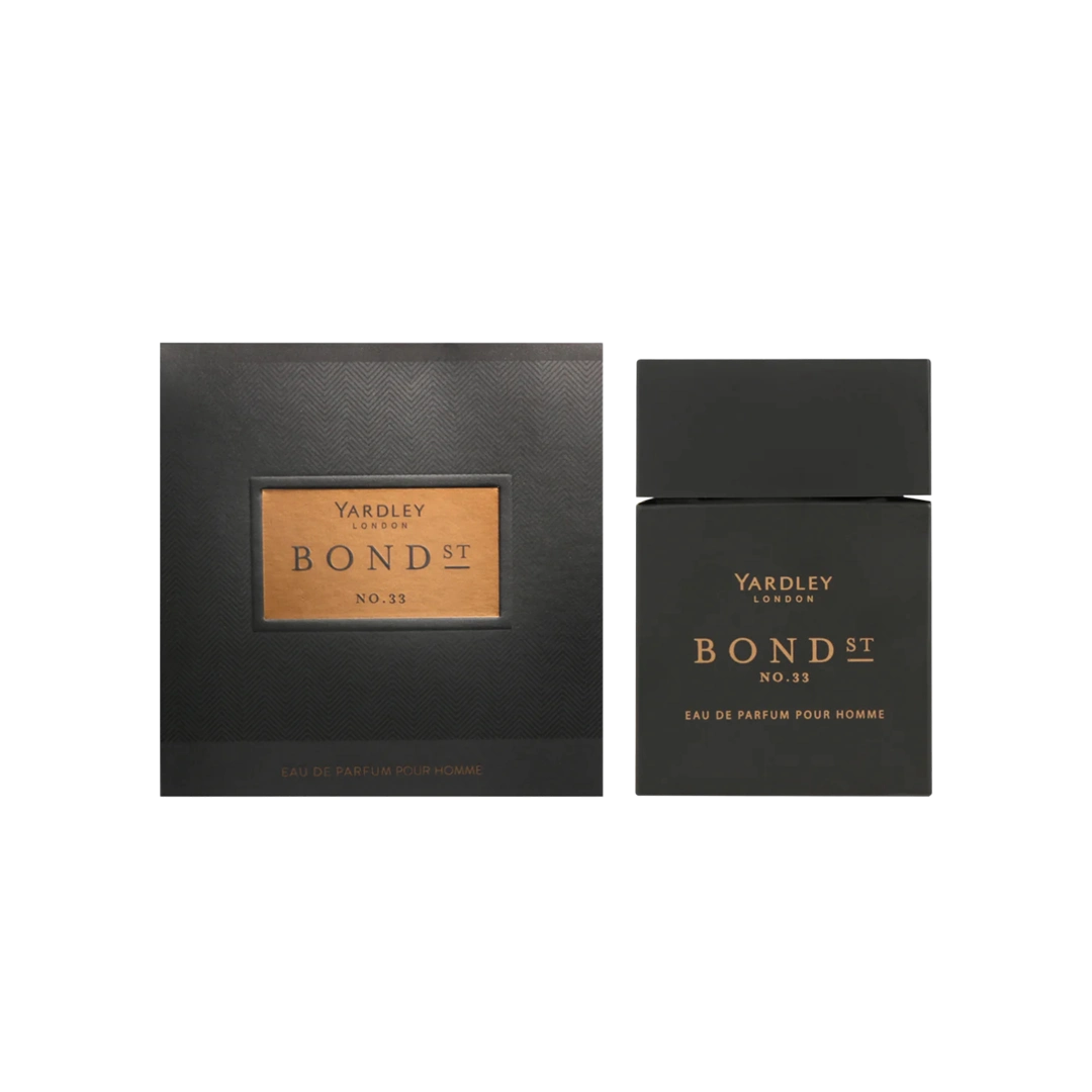 Front of Yardley Bond St No. 33 Eau de Parfum Pour Homme 100ml box and bottle