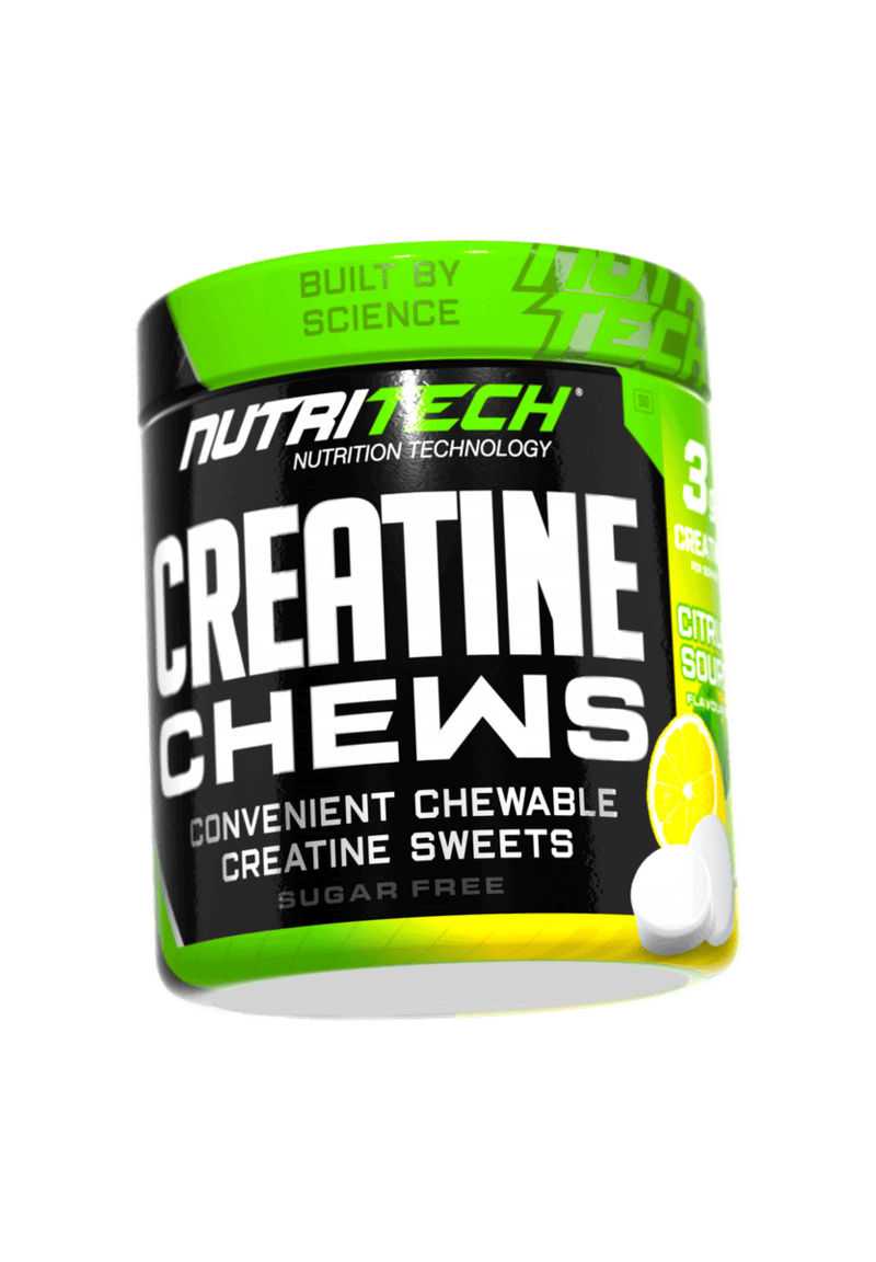 Front angled view of Nutritech Creatine Chews Citrus Sours 90 chews tub on white background