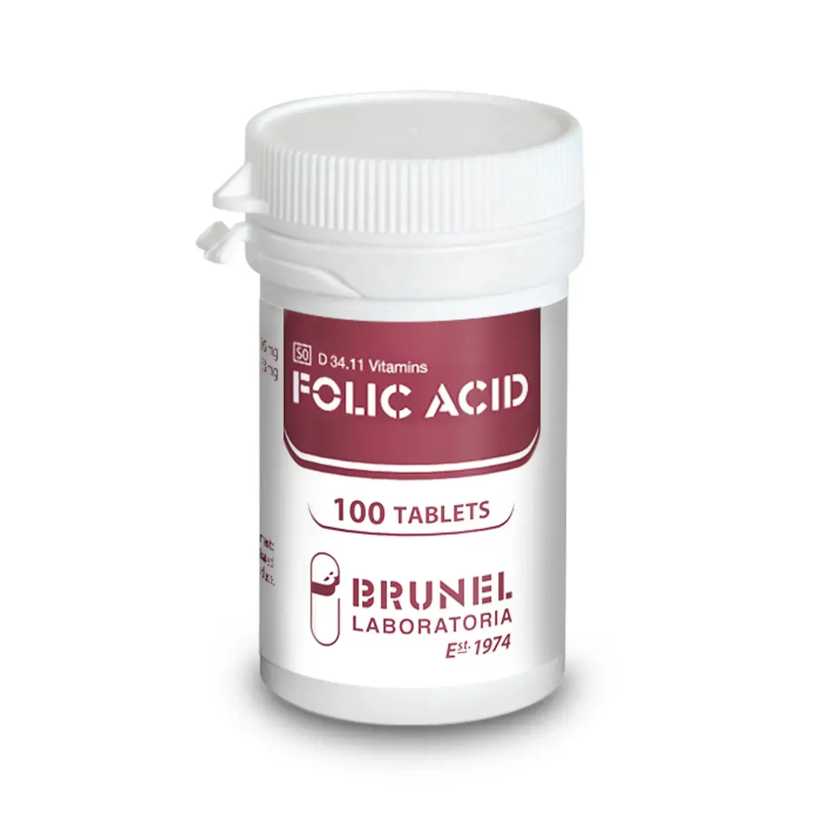 Front angled view of Brunel Folic Acid 0.5mg 100 tablets bottle