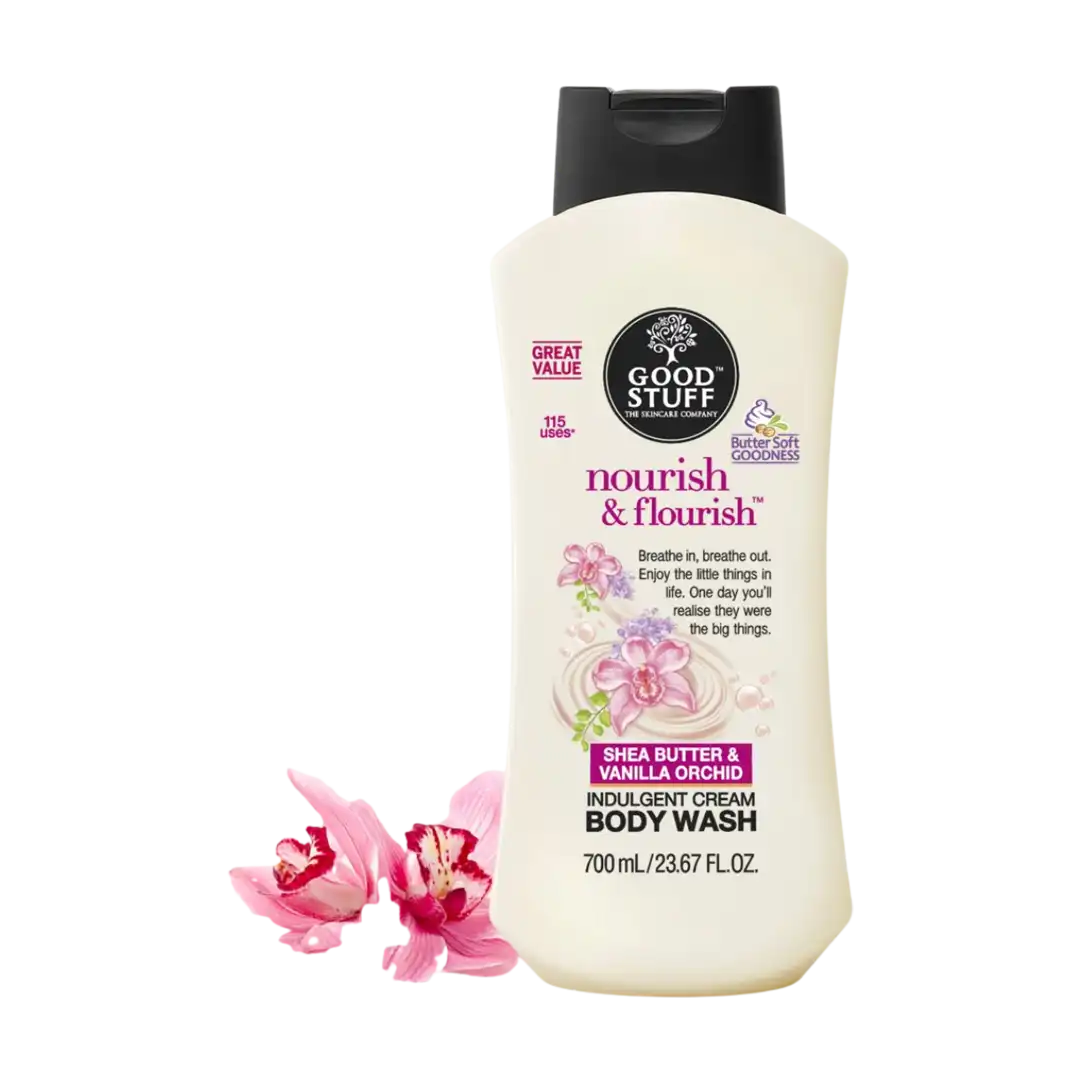 Front of Good Stuff Nourish & Flourish Shea Butter & Vanilla Orchid Body Wash, 700 ml
