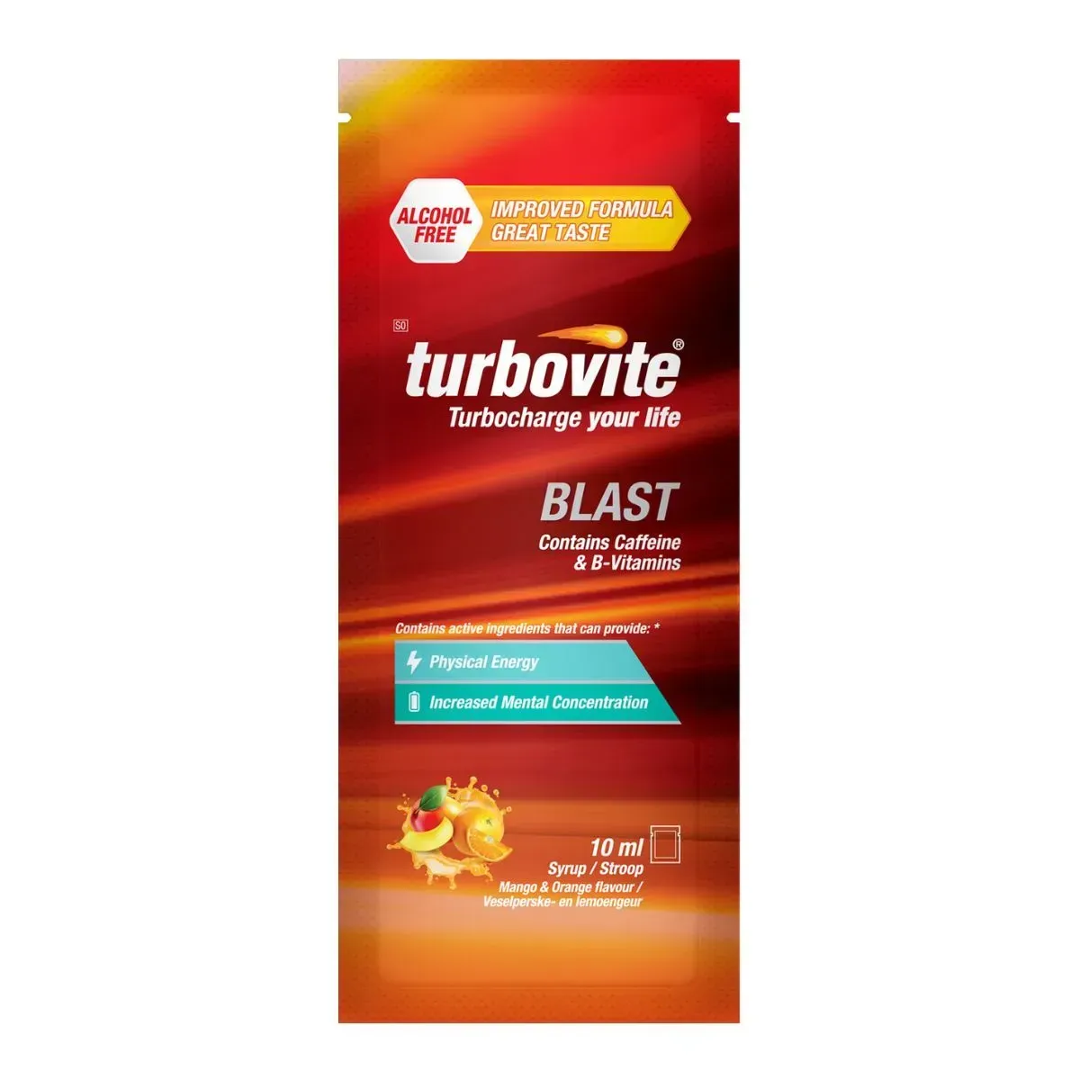 Front of Turbovite Blast Mango & Orange flavour syrup sachet 10 ml