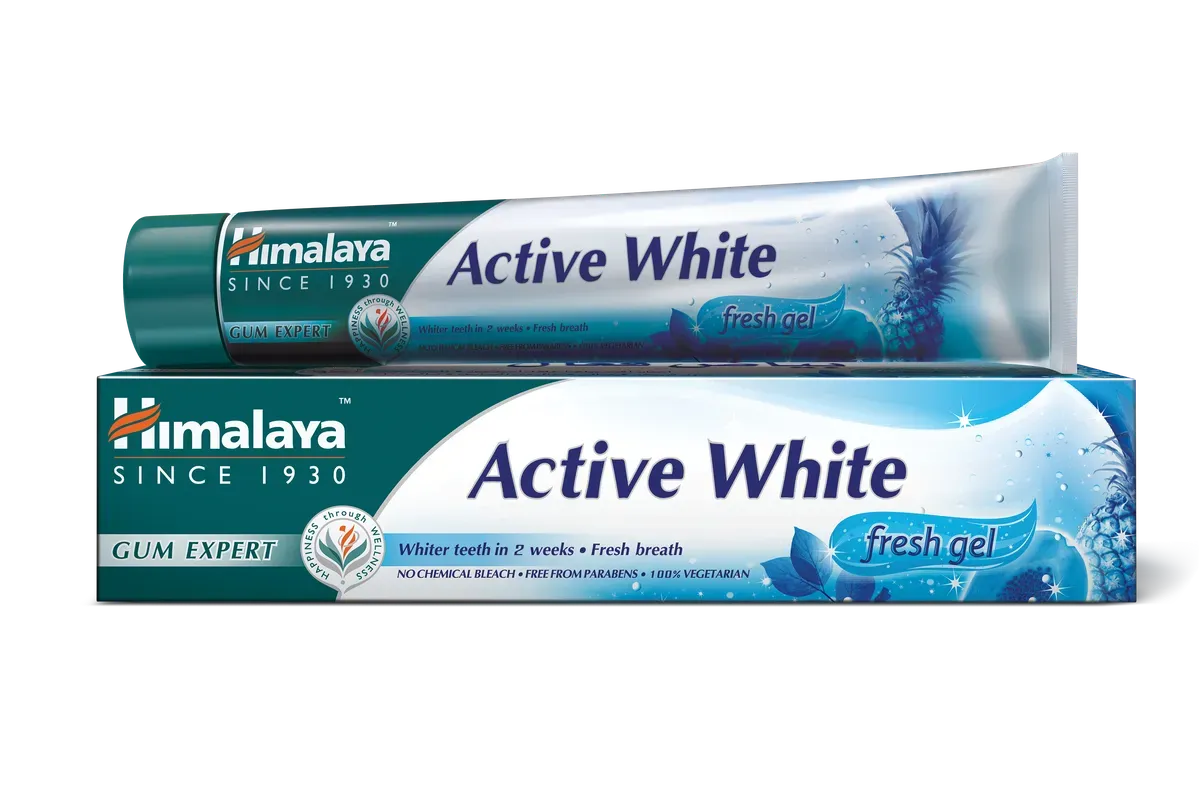 Front of Himalaya Active White Herbal Toothpaste fresh gel 75 ml box and tube