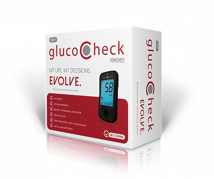 Front of Homemed GlucoCheck Evolve blood glucose meter retail box