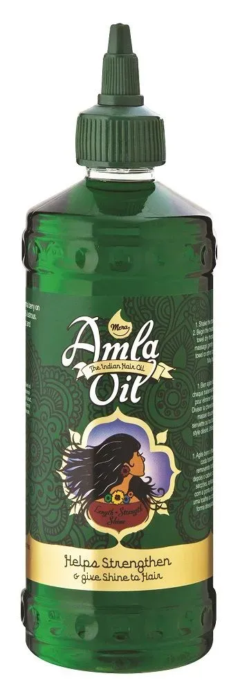 Front of Mera Amla Oil Green Hair Oil 350ml bottle with paisley design label