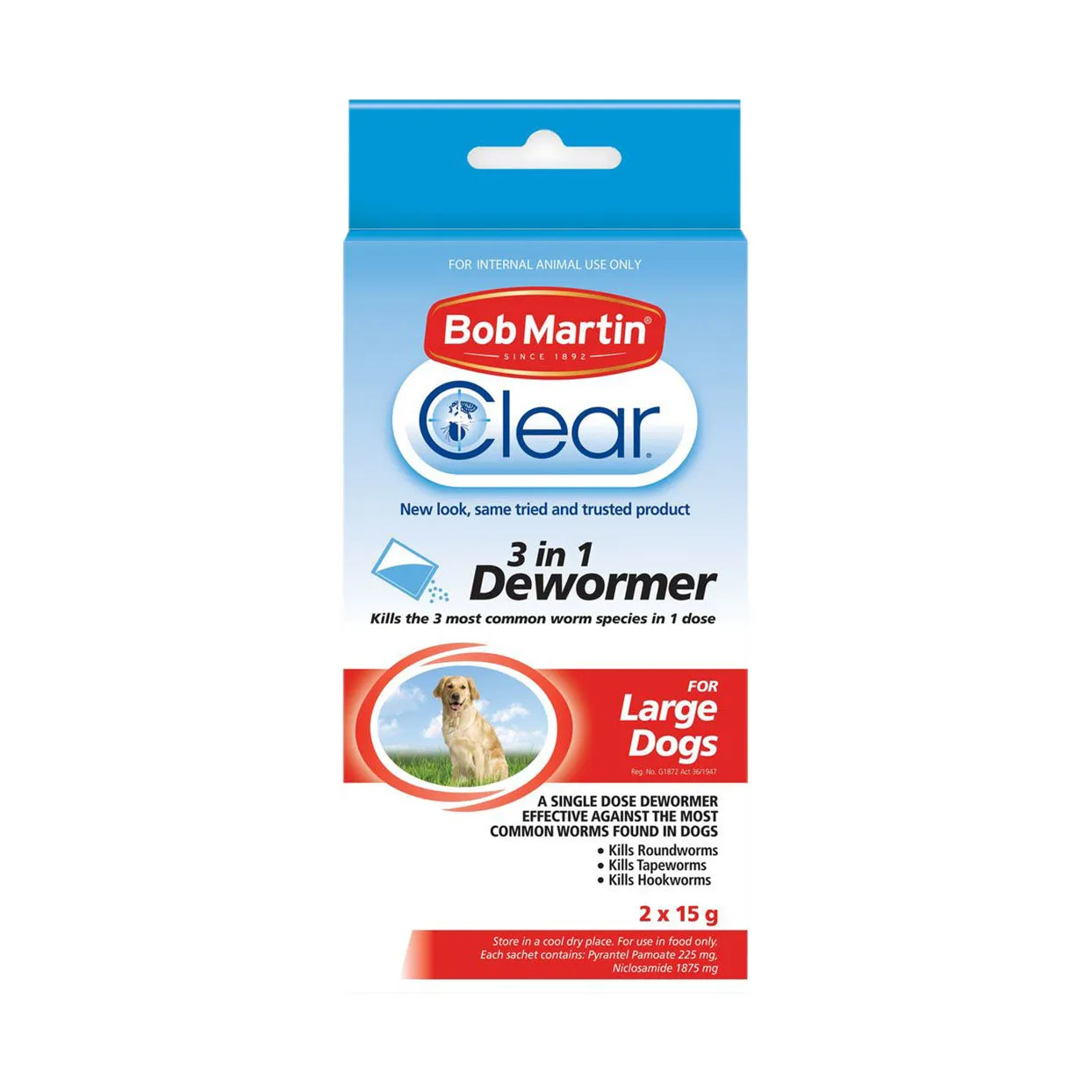Front of Bob Martin Clear 3 in 1 Dewormer for Large Dogs, 2 x 15 g pack