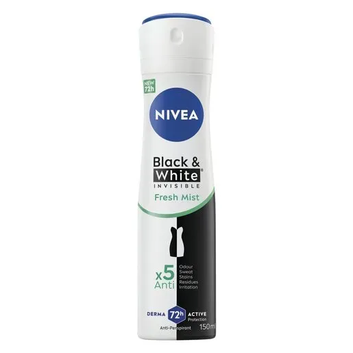 Front of NIVEA Deodorant Invisible Black & White Fresh Mist 150 ml can on white background