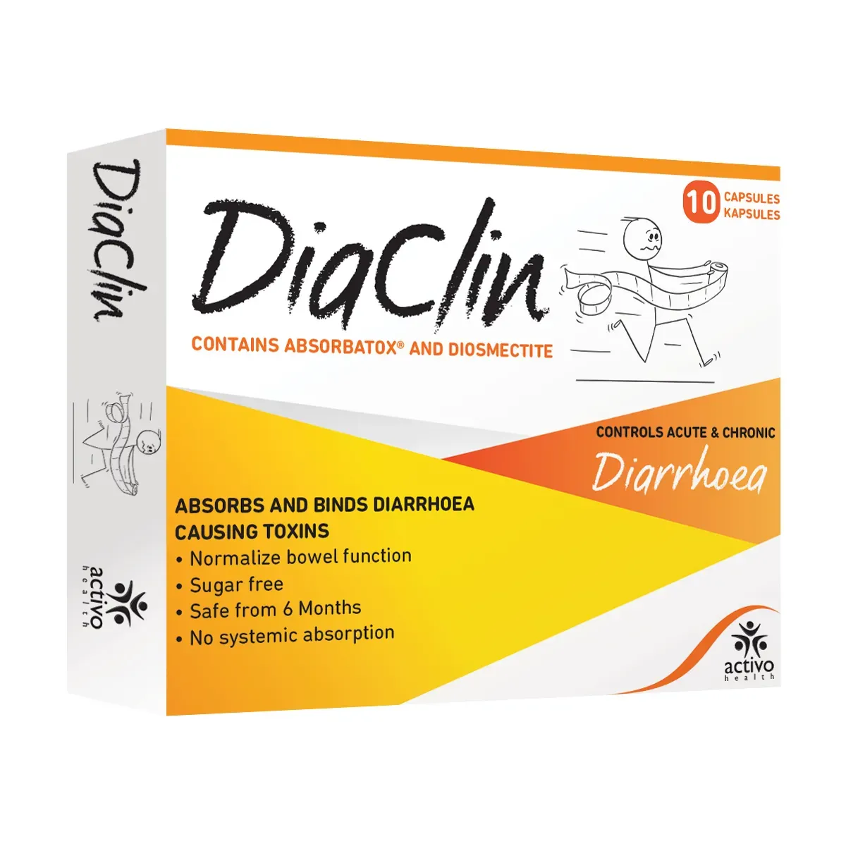 Angled front of Diaclin 10 Capsules box
