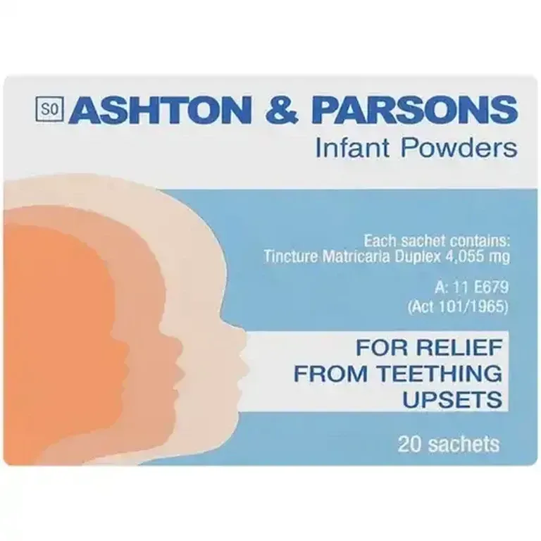 Front of Ashton & Parsons Teething Powder 20 sachets box