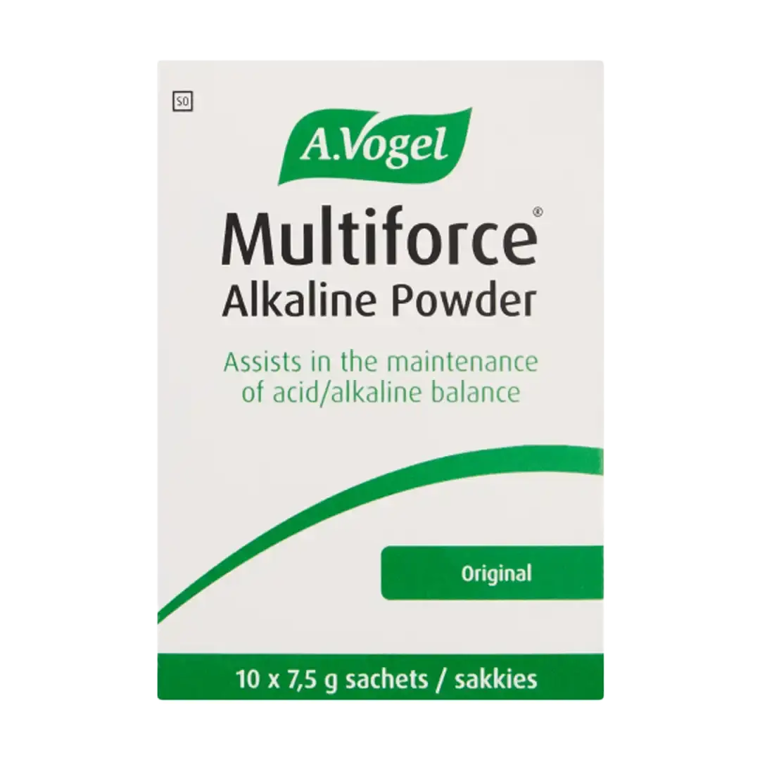 Front of A.Vogel Multiforce Alkaline Powder Original box, 10 x 7,5 g sachets